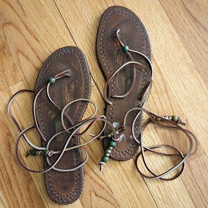 [SOLD] Cherokee Ankle Wrap Beaded Embossed Leather Tie Up Flat Boho Festival
